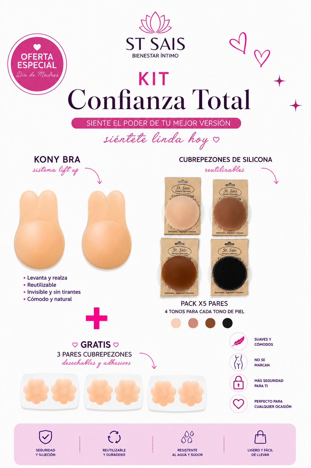 Kit Confianza Total (Kony Bra + Pack cubrepezones multicolor)