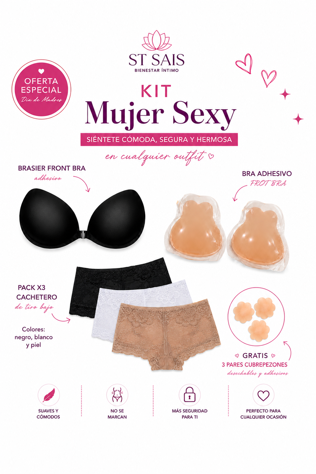 Kit Mujer Sexy (Kony Bra +  Pack cacheteros Encaje + Brasier)