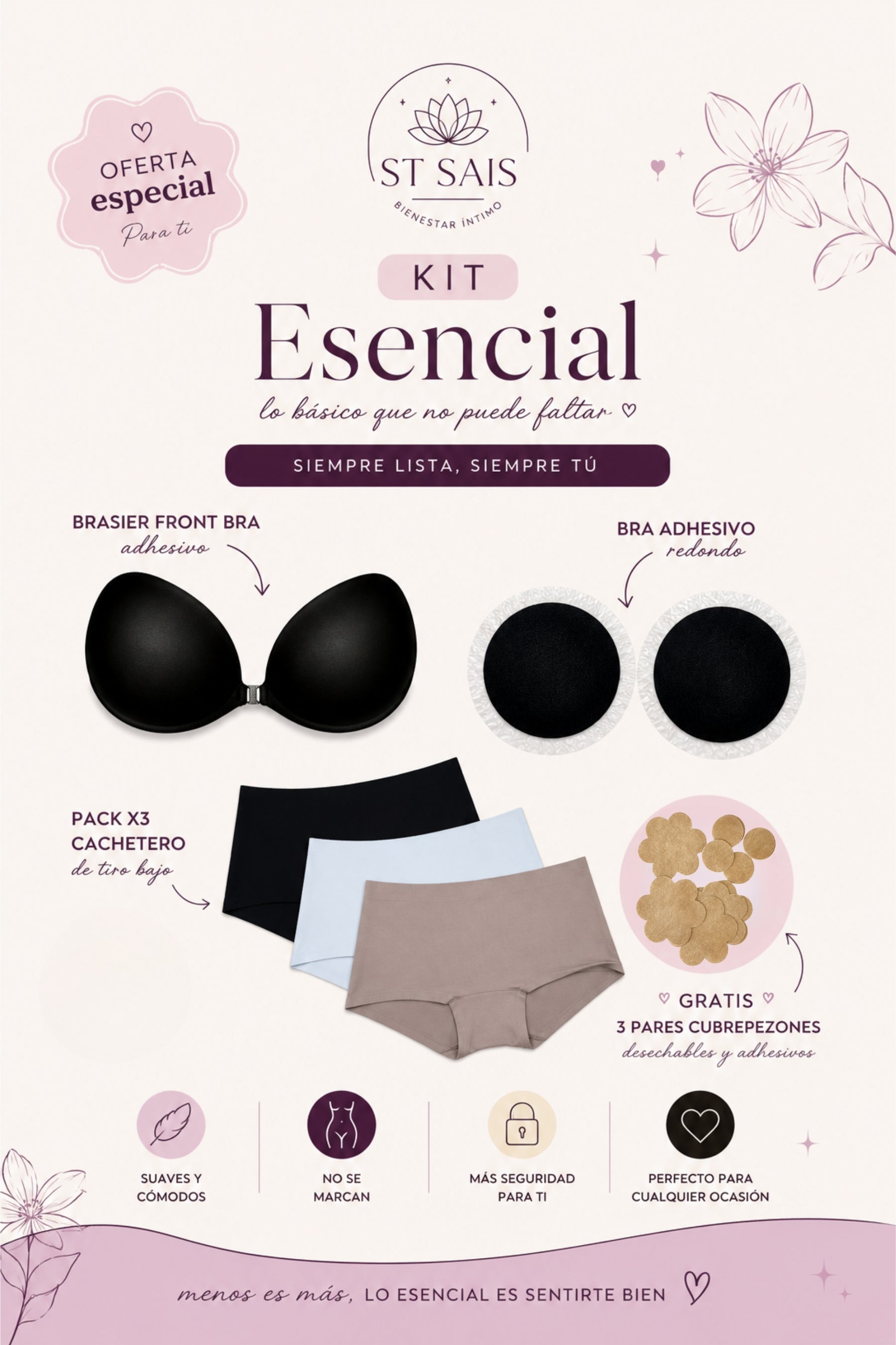 Kit Esencial (Cubre pezones + Pack de Pantys + Brasier Negro)